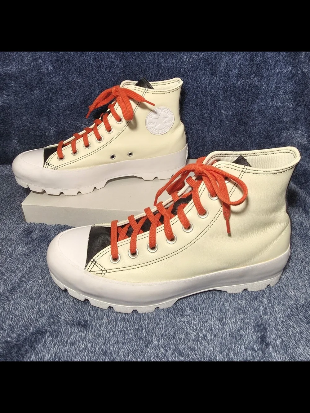 Converse Leather Lugged Winter High-Top Sneakers in Cream with Orange Laces - Picture 2 of 7